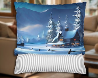 Winter Cabin Pillowcase, Snowy Cottage Cushion Cover, Cozy Christmas Pillow Cover, Rustic Holiday Home Decor Accent, Snowfall Cabin