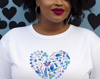 Blaues Blumenherz T-Shirt, botanisches Herz T-Shirt, blaues Blumen-Herz-Shirt, Natur inspiriertes Top, Geschenk für sie, Cottagecore Shirt