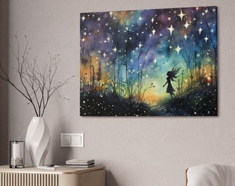 Enchanted Forest Wall Art, Fairy Night Sky Canvas, Whimsical Fantasy Art Print, Cottagecore Wall Decor, Magical Woodland Artwork