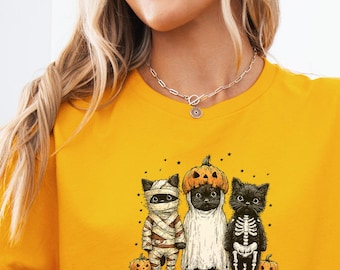 maglietta con gatto di Halloween, maglietta con gatto spettrale, maglietta con simpatici gatti di Halloween, maglietta con costume da gatto, maglietta autunnale per amanti dei gatti