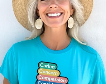 Camiseta con preocupación, compasión y consideración, palabras de bondad, valores positivos, mensaje inspirador.