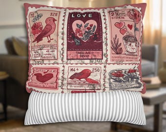 Vintage Love Stempel Kissenbezug Quadrat | Retro Romantische Kissenhülle | Französische Vintage Wohnkultur | Cottagecore Liebe Akzent | Geschenk für Paare
