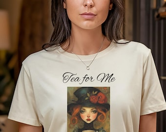 Camiseta para amantes del té, camiseta con arte caprichoso, camiseta "Té para mí", camiseta con gráfico cottagecore, camiseta con estética fairycore, regalo para amantes del té, sombrero negro