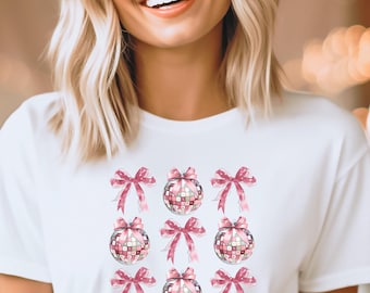 Camiseta rosa con bola de discoteca, bonita camiseta con lazo de discoteca, camiseta retro con estética disco, atuendo disco femenino, divertida camiseta con estampado para fiestas.