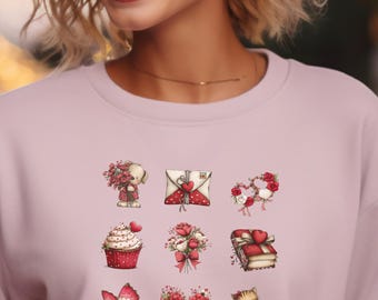 Valentinstag Sweatshirt, süße Liebe Symbole Rundhalsausschnitt, romantisches Grafik Sweatshirt, gemütliches Valentinstag Geschenk, Herz & süßer Leckerei Pullover