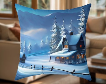 Winter Cabin Throw Pillow, Snowy Cottage Cushion, Cozy Christmas Pillow, Rustic Holiday Home Decor Accent Pillow Cover, Snowfall cabin