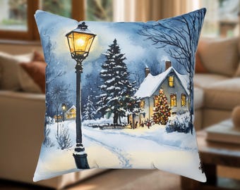 Winter Christmas Throw Pillow, Snowy Cottage Holiday Decor Cushion Cover, Cozy Farmhouse Christmas Pillow, Festive Home Accent