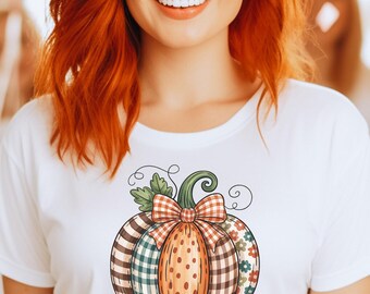 Patchwork Kürbis Shirt, süßes Herbst ästhetisches T-Shirt, Bauernhaus Herbst Grafik T-Shirt, Erntedank Kürbis Top