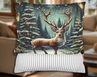 Christmas Reindeer Pillowcase, Winter Deer Cushion Cover, Rustic Holiday Cabin Decor, Festive Woodland Throw Pillow Cover