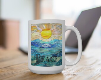 Peace Coffee Mug, Stained Glass Ocean Mug, Inspirational Art Mug, Sun and Sea Ceramic Cup, Calm Mind Gift for Her Him, Meditation Decor