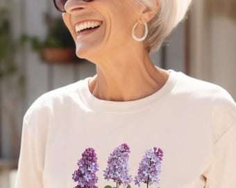 Lila Blumen T-Shirt, Botanisches Blumen T-Shirt, Cottagecore Natur Shirt, Lila Blumen Kunst Top, Gartenliebhaber Geschenk