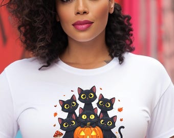 Black Cat Halloween Shirt, Cute Pumpkin Cat T-Shirt, Spooky Season Kitty Tee, Fall Cat Lover Gift Top