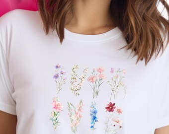 Botanical Flower T Shirt, Watercolor Floral Graphic Tee, Cottagecore Wildflower Shirt for Women, Nature Lover Gift Top, Garden lover