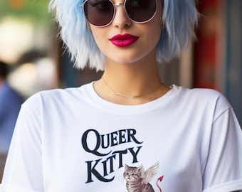 Maglietta Queer Kitty, maglietta LGBTQ con gatto, simpatica maglietta con gatto dell'orgoglio, divertente maglietta con grafica queer, regalo per amanti dei gatti gay