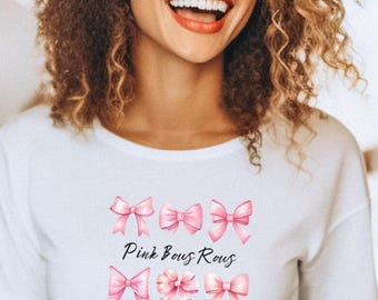 Maglietta con righe di fiocchi rosa, graziosa maglietta con fiocco rosa, morbida maglietta estetica femminile, maglia unisex in jersey, outfit casual, brunch con gli amici, regalo