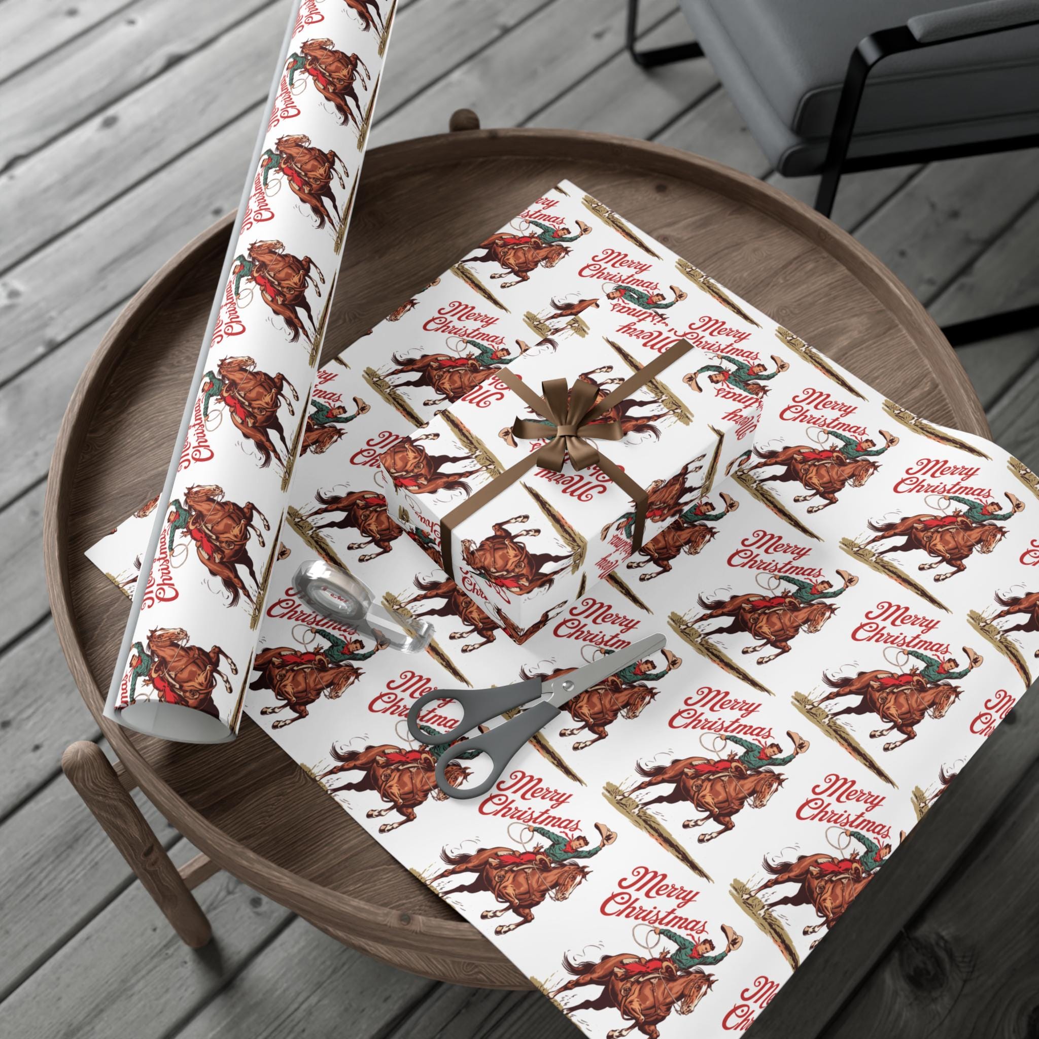 Gift Wrap Paper- Roping Horse Cowboy Vintage Style Merry Christmas, Wrapping Paper, Holiday Gift Wrap, Gift Wrap Sheets, Cowboy Wrapping