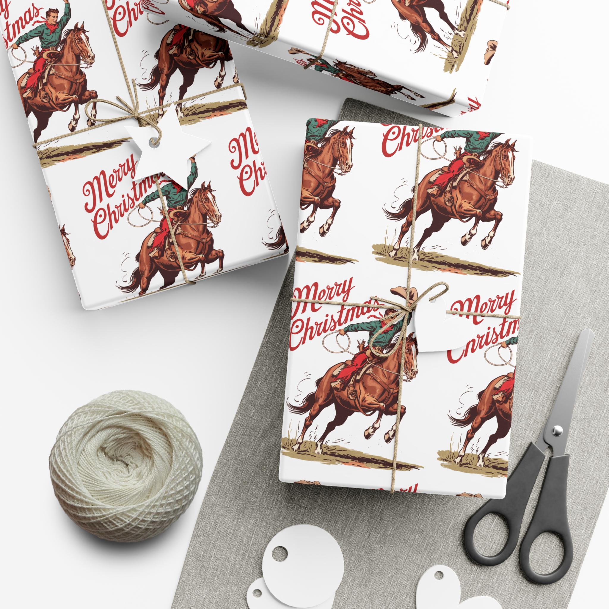 Gift Wrap Paper- Roping Horse Cowboy Vintage Style Merry Christmas, Wrapping Paper, Holiday Gift Wrap, Gift Wrap Sheets, Cowboy Wrapping