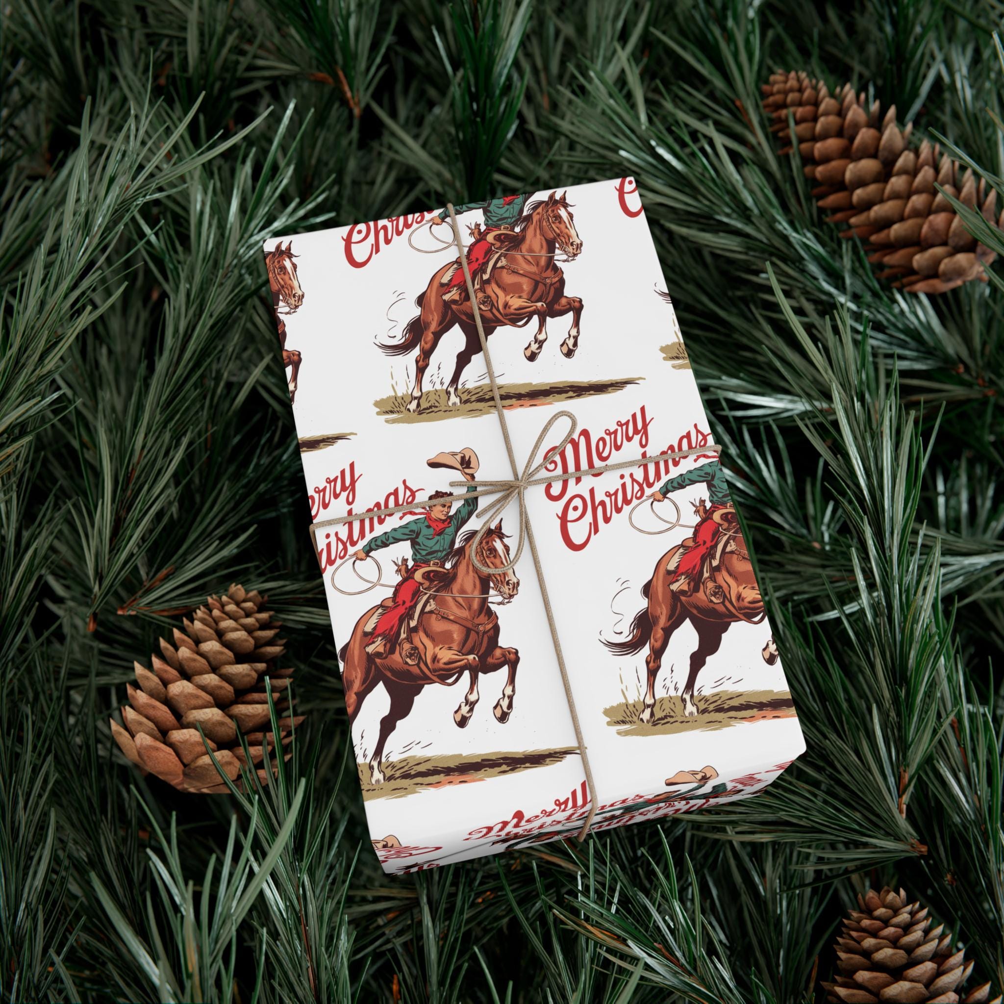 Gift Wrap Paper- Roping Horse Cowboy Vintage Style Merry Christmas, Wrapping Paper, Holiday Gift Wrap, Gift Wrap Sheets, Cowboy Wrapping