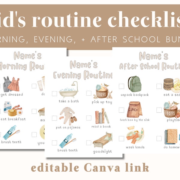 Bewerkbare dagelijkse routine-checklistbundel voor kinderen (ochtend, avond + na school), afdrukbaar, Canva-link, genderneutraal, visueel + interactief