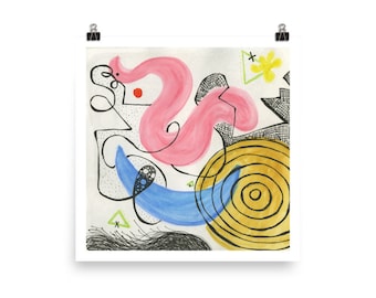 May include: Abstract art print featuring a pink, blue, and yellow design with black lines and dots. The print has a modern and minimalist style.