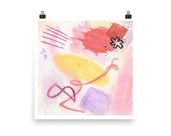 May include: Abstract art print featuring a yellow circle, red and pink brushstrokes, a purple square, and a black asterisk.