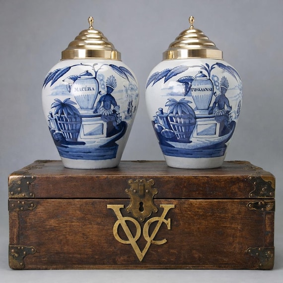 tobacco pots Antique Delft Blue Tobacco Pots, VOC Scene, 18th Century, Pair