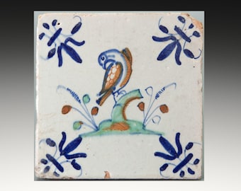 Dutch Delft polychrome tile, bird, 17th. century, antique.