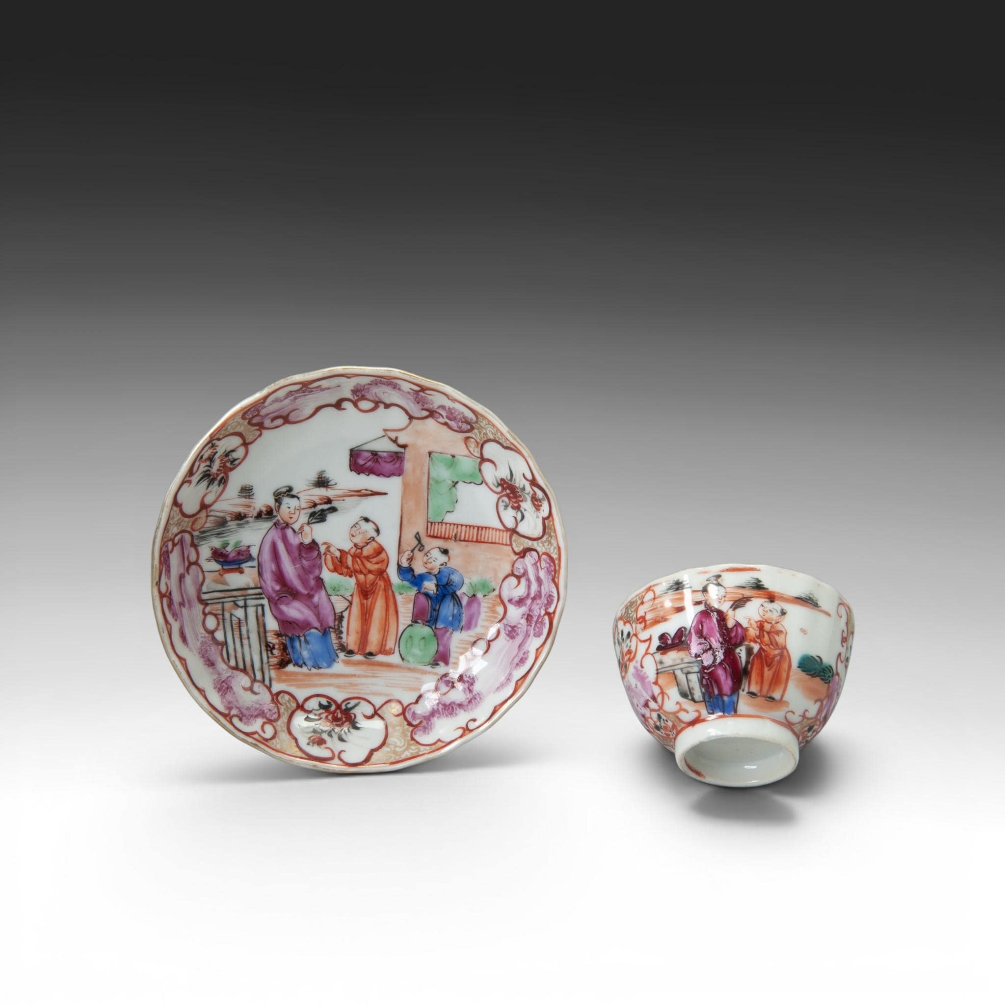 Chinese Mandarin Rose Porcelain Cup & Saucer, Figures, Qianlong