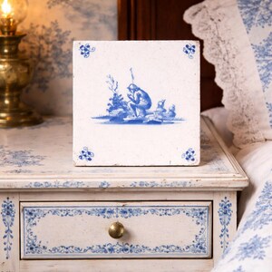 Dutch Delft Blue tile, shepherd and sheep, circa 1700. Antique.