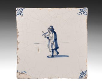 Delftsblauwe tegel, nachtwaker, Nederlands, 17e eeuw. Antiek.
