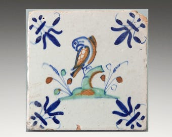 Dutch Delft polychrome tile, bird, 17th. century, antique.