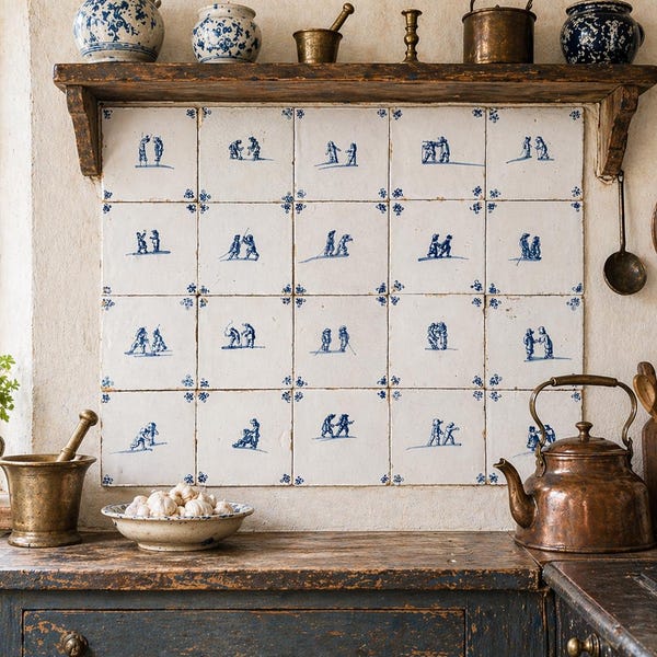20 x Dutch Delft Blue tile, childplay, field of 20 tiles, second half 17th. century. antique.