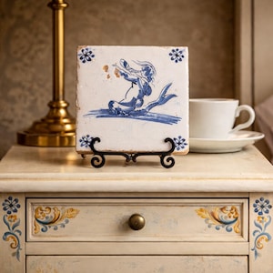Dutch Delft Blue tile, sea creature, figure riding a whale, 17th century. antique.