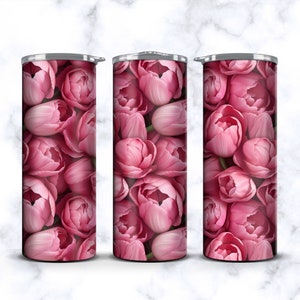 3D Pink Tulip Flower 20oz Straight Skinny Tumbler Wrap Digital PNG Sublimation File, Commercial Use, Flowers Floral