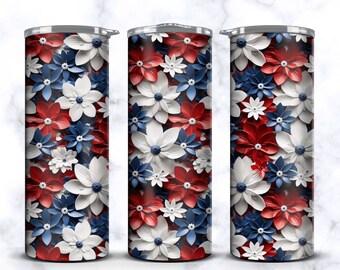 Può includere: Tre bicchieri in acciaio inossidabile con un motivo floreale rosso, bianco e blu. I bicchieri hanno un coperchio argentato.