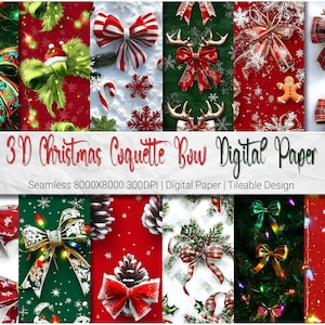 Fiocco di Natale Coquette 3D Carta digitale in 8K - 12 modelli senza soluzione di continuità, fiocco di Capodanno Renna Fiocco di Natale Coquette Grinchmas Luci di Natale Fiocco