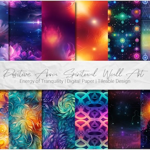 May include: A set of 10 digital papers featuring colorful abstract designs with geometric patterns, swirls, and stars. The papers are perfect for creating backgrounds, scrapbooking, and other creative projects.  Positive Aura Spiritual Wall Art. Energy of Tranquility | Digital Paper | Tileable Design.