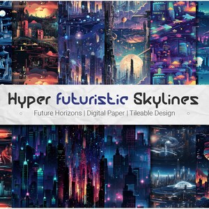 Puede incluir: Un paquete de papel digital que presenta una colección de 10 patrones sin costuras con paisajes urbanos futuristas en colores vibrantes, incluyendo azul, morado, rosa, rojo y verde. Los patrones son enlosables y se pueden usar para varios proyectos creativos.