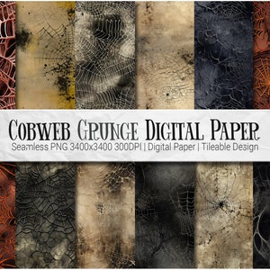 Puede incluir: Colección de papeles digitales con un diseño grunge de telaraña. Los papeles presentan varios colores, incluyendo naranja, negro y beige, con patrones detallados de telarañas. El texto "COBWEB GRUNGE DIGITAL PAPER" se muestra en la imagen.