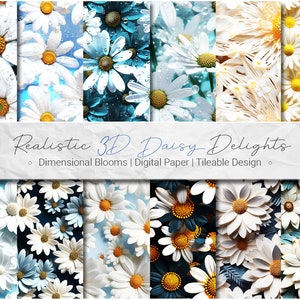 Fiori primaverili a margherita 3D - Pacchetto di carta digitale 12 modelli PNG senza soluzione di continuità, piastrellabili + Bonus, download istantaneo di modelli a margherita 3D, carta stampabile