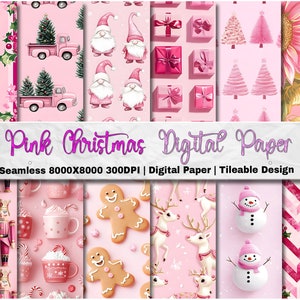 May include: A collection of pink Christmas-themed digital paper designs. The patterns include Christmas trees, gnomes, gift boxes, gingerbread men, snowmen, and reindeer. The text "Pink Christmas Digital Paper" is displayed across the image.