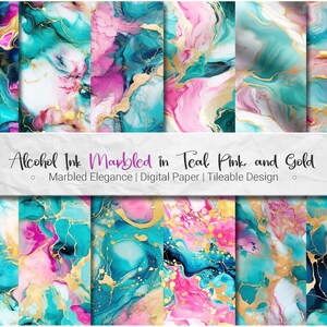 Sztuka tuszu alkoholowego - papier cyfrowy 12 bezszwowych wzorów PNG do kafelkowania + 4 darmowe wzory marmurkowe tuszem marmurkowym Bezszwowy wzór marmurkowy różowy marmurkowy nadruk