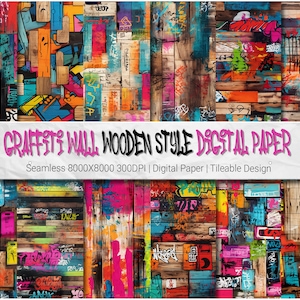 Graffiti Wall Wooden Style Digital Paper 8K Seamless Patterns, Street Art Background, Graffiti Art, Graffiti Street Art, Urban Graffiti
