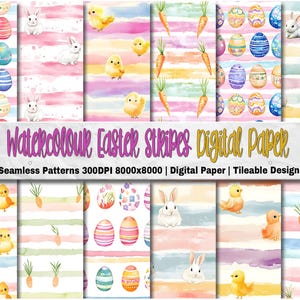 Puede incluir: Un paquete de papel digital con 10 patrones sin costuras que presentan rayas de Pascua, conejos, pollitos y huevos en acuarela. Los patrones están en colores pastel y son perfectos para manualidades y scrapbooking.