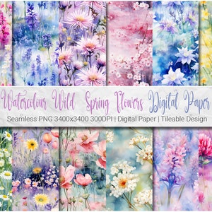 以下が含まれることがあります： 水彩で描かれた様々な野生の春の草花が描かれたデジタルペーパー10枚セット。シームレスでタイル状に敷き詰められるので、クラフトやデザインプロジェクトに最適です。