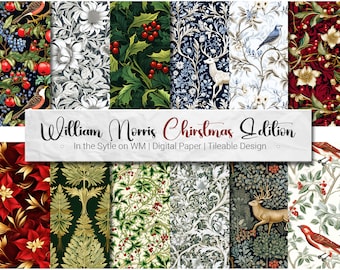 In the Style of William Morris Christmas Digital Paper 12 Seamless Tileable PNG Patterns + 5 Free Williammorris Art, Scrap book