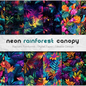 May include: A digital paper design featuring a vibrant neon rainforest canopy with colorful leaves, flowers, and birds. The design is seamless and tileable, making it perfect for creating backgrounds, patterns, and other creative projects.