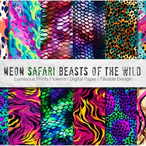 Neon Safari Animal Prints - Digital Paper Pack 12 Seamless Tileable PNG Patterns + 1 Bonus, Animal Patterns Snake Print, Cheetah Pattern