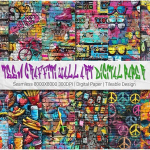 May include: A seamless digital paper pattern featuring a brick wall covered in colorful graffiti. The graffiti includes images of peace signs, skateboards, bicycles, food, and other pop culture icons. The text "TEAM CRAFFIM ALLT DICAL RAPO" is written in purple and green letters across the top of the image. The text "Seamless 8000X8000 300DPI | Digital Paper | Tileable Design" is written in black letters below the graffiti.