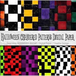 May include: Eight digital paper patterns featuring a checkered design in various Halloween colors, including orange, black, white, red, purple, green, and yellow. The patterns are seamless and tileable.  "HALLOWEEN CHEQUERED PATTERNS DIGITAL PAPER" is written in black text on a white background.